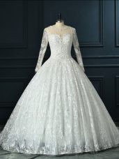 Fashionable White Wedding Gown Lace Brush Train Long Sleeves Beading and Lace