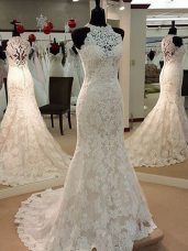 Fitting Lace Sleeveless Wedding Dresses Brush Train and Lace