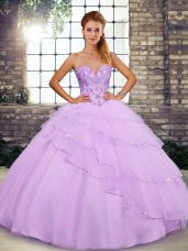 New Arrival Lace Up Quinceanera Gown Lilac for Military Ball and Sweet 16 and Quinceanera with Beading and Ruffled Layers Brush Train