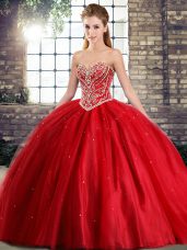 Stylish Sleeveless Beading Lace Up Quinceanera Gown with Red Brush Train