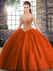 Shining Lace Up Quinceanera Gown Rust Red for Military Ball and Sweet 16 and Quinceanera with Beading Brush Train