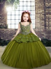 New Style Sleeveless Tulle Floor Length Lace Up Girls Pageant Dresses in Olive Green with Beading