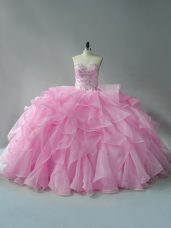 Baby Pink Organza Lace Up Sweetheart Sleeveless Quinceanera Dress Beading and Ruffles