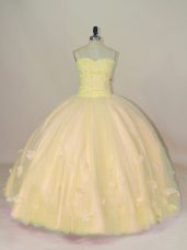 Sleeveless Floor Length Beading and Hand Made Flower Lace Up Ball Gown Prom Dress with Peach