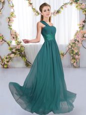 Artistic Floor Length Peacock Green Wedding Guest Dresses One Shoulder Sleeveless Lace Up