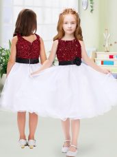 Hot Selling Knee Length White Flower Girl Dress Organza Sleeveless Sequins and Hand Made Flower