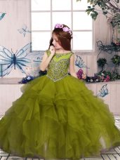 New Style Scoop Sleeveless Pageant Gowns For Girls Floor Length Beading and Ruffles Olive Green Organza