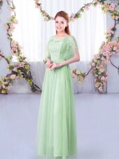 New Arrival Lace and Belt Wedding Guest Dresses Apple Green Side Zipper Short Sleeves Floor Length