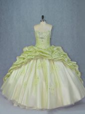 Cheap Sleeveless Organza and Tulle Brush Train Lace Up 15 Quinceanera Dress in Yellow Green with Beading and Appliques
