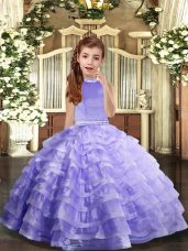 Lavender Ball Gowns Organza Halter Top Sleeveless Beading and Ruffled Layers Floor Length Backless Little Girls Pageant Dress Wholesale