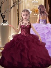 Eye-catching Burgundy Organza Lace Up Little Girl Pageant Gowns Sleeveless Brush Train Beading and Ruffles