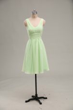 Yellow Green V-neck Neckline Ruching Prom Party Dress Sleeveless Zipper