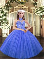 Blue Ball Gowns Tulle Halter Top Sleeveless Appliques Floor Length Lace Up Pageant Dress for Teens