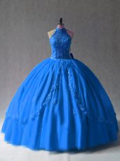 Royal Blue Halter Top Neckline Beading and Appliques Vestidos de Quinceanera Sleeveless Side Zipper