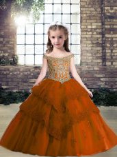 Beautiful Rust Red Ball Gowns Off The Shoulder Sleeveless Tulle Floor Length Lace Up Beading and Appliques Little Girl Pageant Dress
