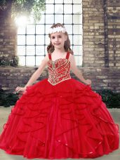 Simple Sleeveless Lace Up Floor Length Beading and Ruffles Kids Pageant Dress