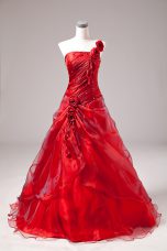 Hot Sale Floor Length Red Quinceanera Dress One Shoulder Sleeveless Lace Up