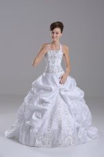 Glorious White Taffeta Lace Up Halter Top Sleeveless Wedding Gowns Brush Train Beading and Embroidery and Pick Ups