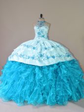 Aqua Blue Organza Lace Up Vestidos de Quinceanera Sleeveless Court Train Embroidery and Ruffles