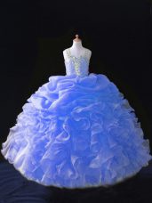 Customized Floor Length Zipper Little Girls Pageant Gowns Blue for Wedding Party with Beading and Ruffles and Pick Ups