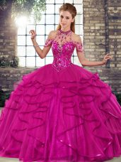 Most Popular Floor Length Ball Gowns Sleeveless Fuchsia Sweet 16 Quinceanera Dress Lace Up