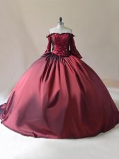 Off The Shoulder Long Sleeves Sweet 16 Dress Brush Train Beading Burgundy Satin
