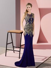 Fine Satin Scoop Sleeveless Sweep Train Zipper Appliques Formal Dresses in Purple