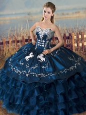 Excellent Sleeveless Satin and Organza Floor Length Lace Up Sweet 16 Dress in Navy Blue with Embroidery and Ruffles