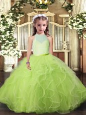 High End Yellow Green Tulle Backless Girls Pageant Dresses Sleeveless Floor Length Ruffles