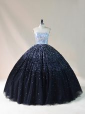 Black Lace Up Strapless Beading Sweet 16 Quinceanera Dress Tulle Sleeveless