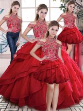 Floor Length Red Sweet 16 Quinceanera Dress Organza Sleeveless Beading and Ruffles