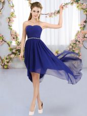 High Low Empire Sleeveless Royal Blue Bridesmaid Dress Lace Up