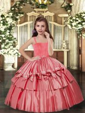 New Style Sleeveless Floor Length Ruffled Layers Lace Up Girls Pageant Dresses with Coral Red