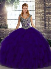 On Sale Purple Ball Gowns Organza Straps Sleeveless Beading and Ruffles Floor Length Lace Up Quinceanera Dress