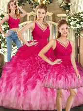 Admirable Multi-color Three Pieces V-neck Sleeveless Tulle Floor Length Backless Ruffles Quince Ball Gowns