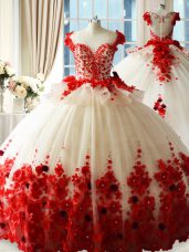 Red Sleeveless Hand Made Flower Zipper Ball Gown Prom Dress