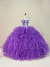 Beading and Ruffles Quinceanera Dress Purple Lace Up Sleeveless Floor Length