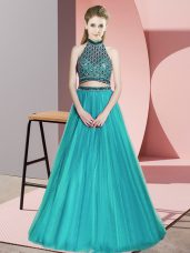 Best Selling Teal Sleeveless Floor Length Beading Backless Juniors Party Dress