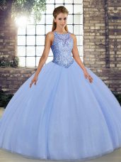Lavender Ball Gowns Tulle Scoop Sleeveless Embroidery Floor Length Lace Up Ball Gown Prom Dress