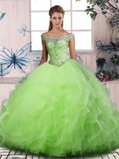 Off The Shoulder Sleeveless Tulle Quinceanera Gowns Beading and Ruffles Lace Up