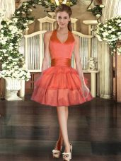 Fantastic Orange Red Tulle Lace Up Halter Top Sleeveless Mini Length Womens Party Dresses Ruffled Layers