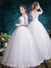 Low Price White Off The Shoulder Neckline Lace Wedding Dresses Half Sleeves Lace Up