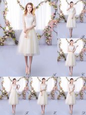 Wonderful Champagne Empire Tulle High-neck Half Sleeves Lace Tea Length Lace Up Quinceanera Court Dresses