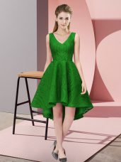 A-line Vestidos de Damas Green V-neck Lace Sleeveless High Low Zipper