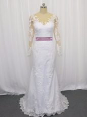 Sumptuous White Tulle Clasp Handle Scoop Long Sleeves Wedding Dresses Sweep Train Lace and Belt
