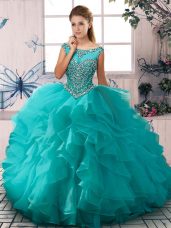 Traditional Scoop Sleeveless Quinceanera Gowns Floor Length Beading and Ruffles Aqua Blue Organza