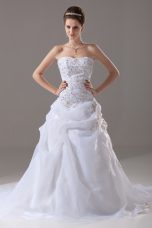 Lovely White Wedding Gowns Organza Brush Train Sleeveless Embroidery