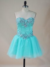 Unique Aqua Blue Sleeveless Beading Mini Length Prom Dresses