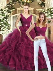 Floor Length Burgundy Sweet 16 Dress V-neck Sleeveless Backless