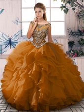 Brown Lace Up Scoop Beading and Ruffles Quince Ball Gowns Organza Sleeveless